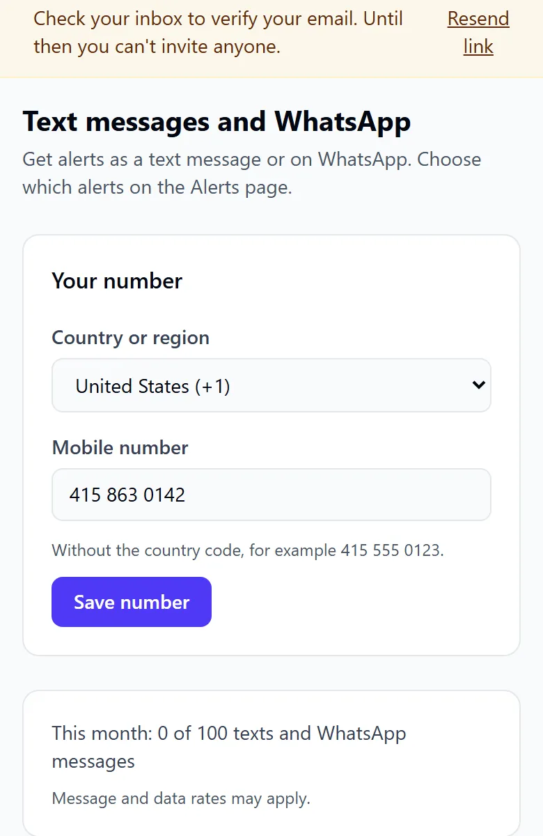 The Your number form: the country set to United States (+1), a mobile number typed in, and the Save number button
