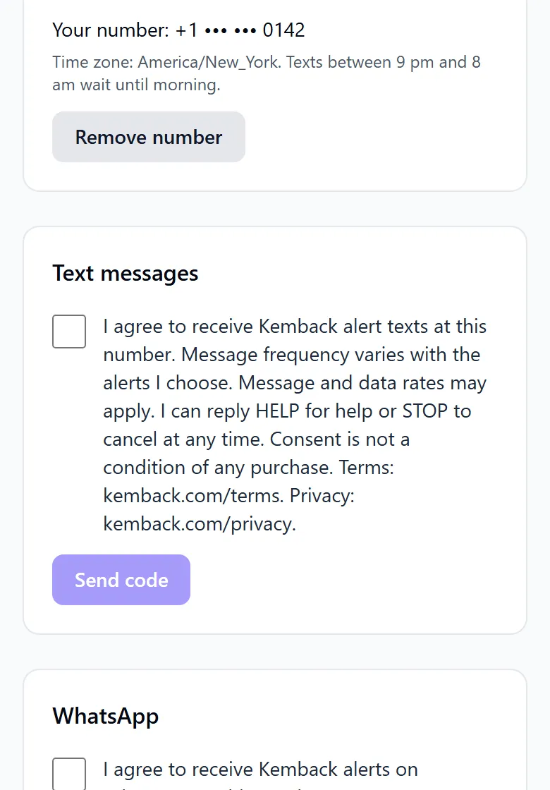 The Text messages card: the consent text beside an empty checkbox, and the Send code button turned off