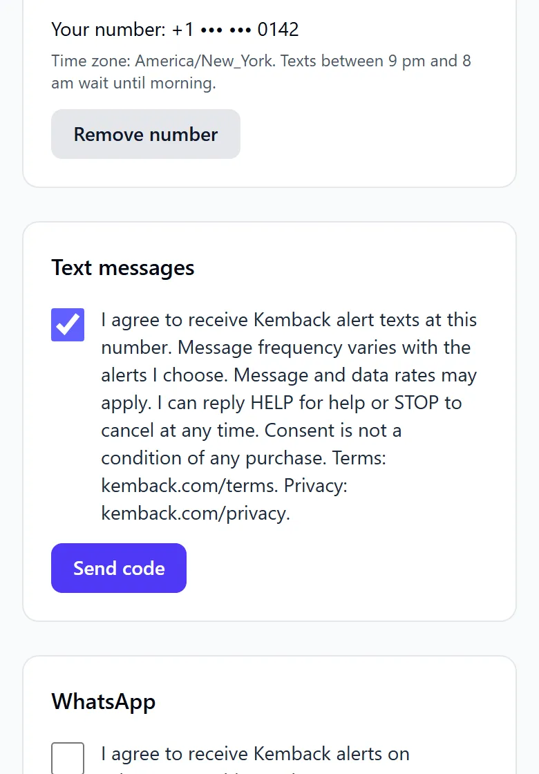 The consent checkbox ticked and the Send code button ready