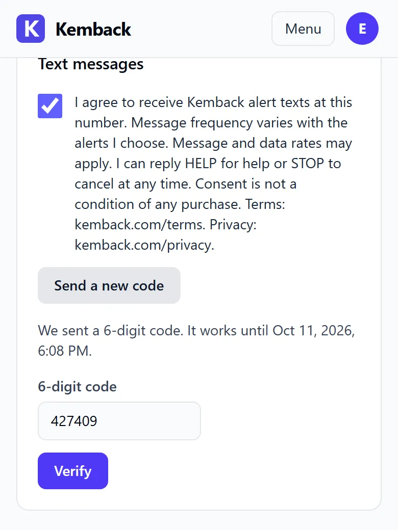 The 6-digit code field filled in, with the Verify button