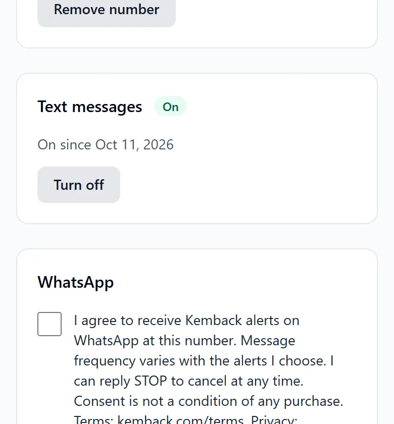 The Text messages card marked On, with a Turn off button