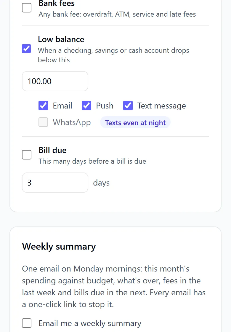 The Alerts page: the low balance alert on, with Text message ticked as one of the ways to tell you
